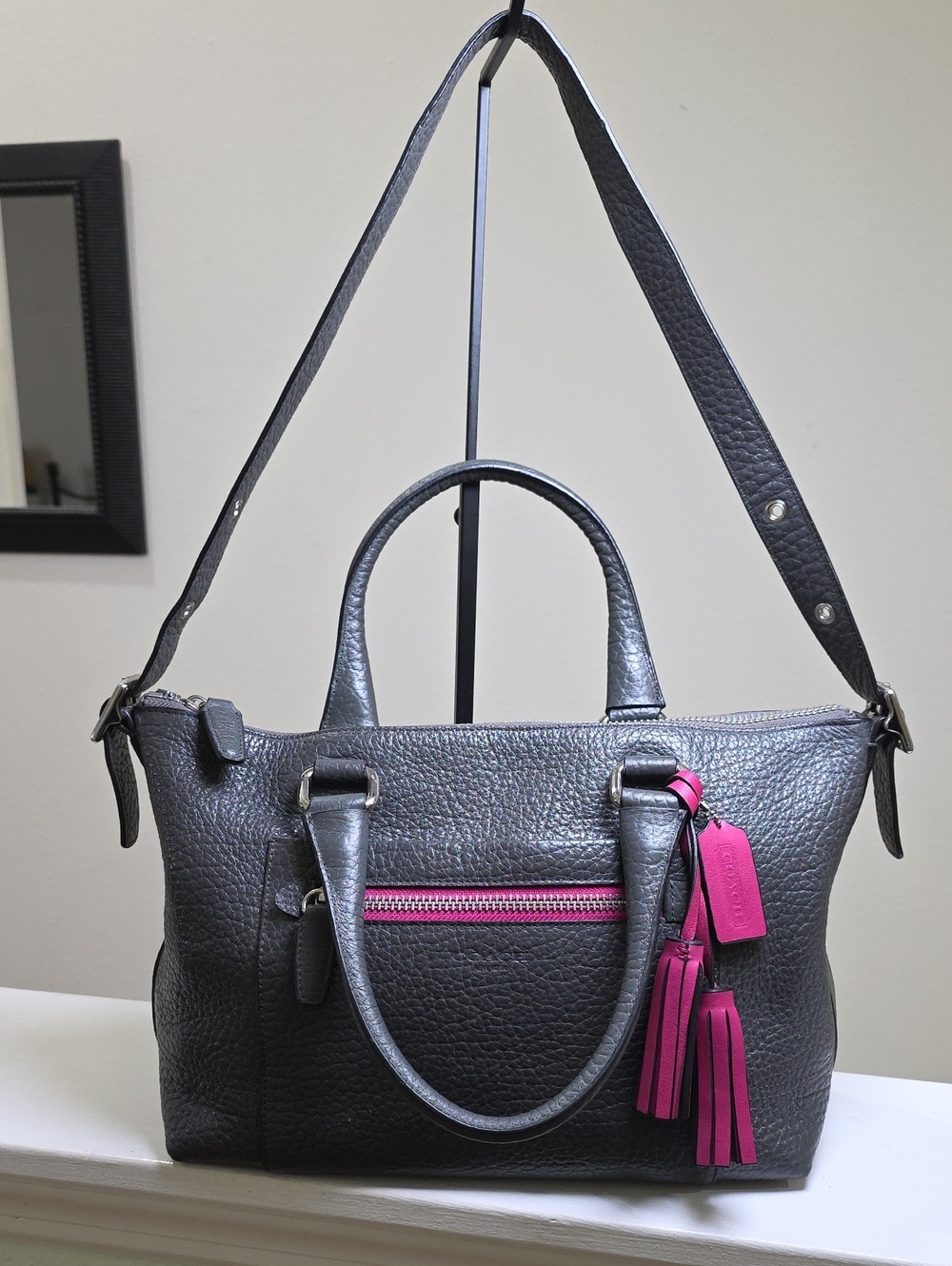 Coach 21140 Textured Legacy Satchel Shoulder 2 Way Bag Silver/Graphite/Berry